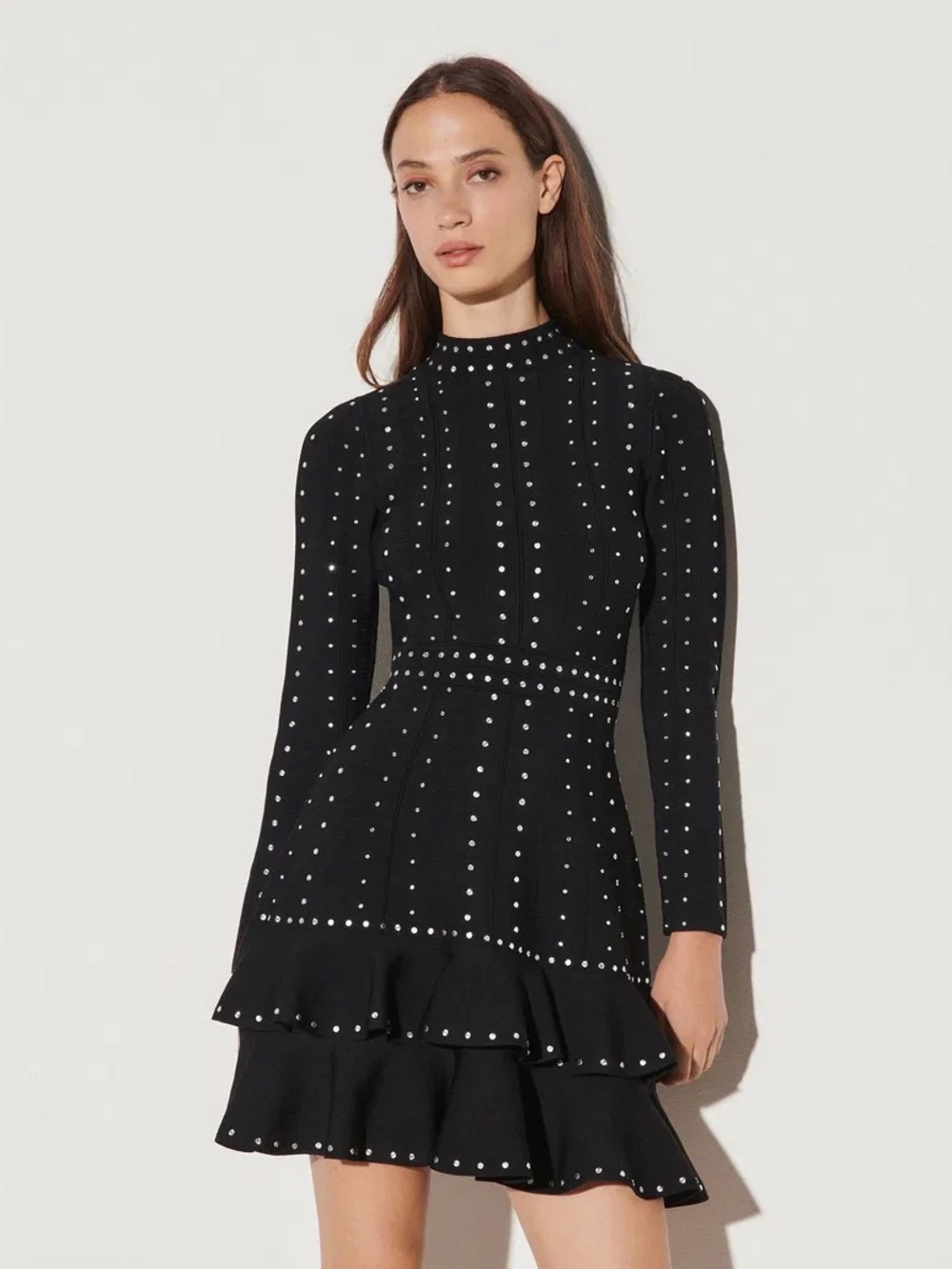 Sandro Paris Asya Studded Rhinestone Knit Ruffle Dress Black FR 40 US 8